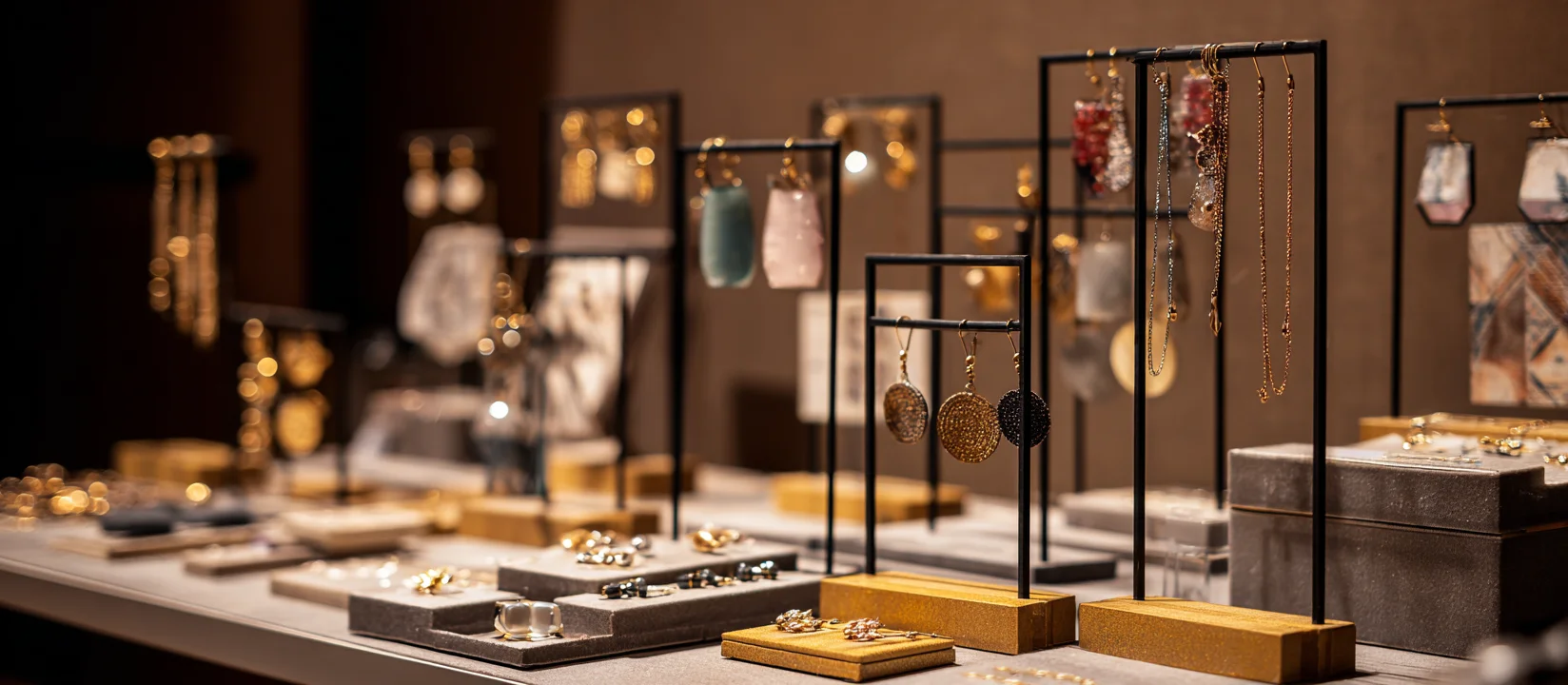 A black metal stand serves as an excellent earrings display and bracelet displays, showcasing chains and jewelry alongside decorative boxes, similar to a stacker jewelry boxes.